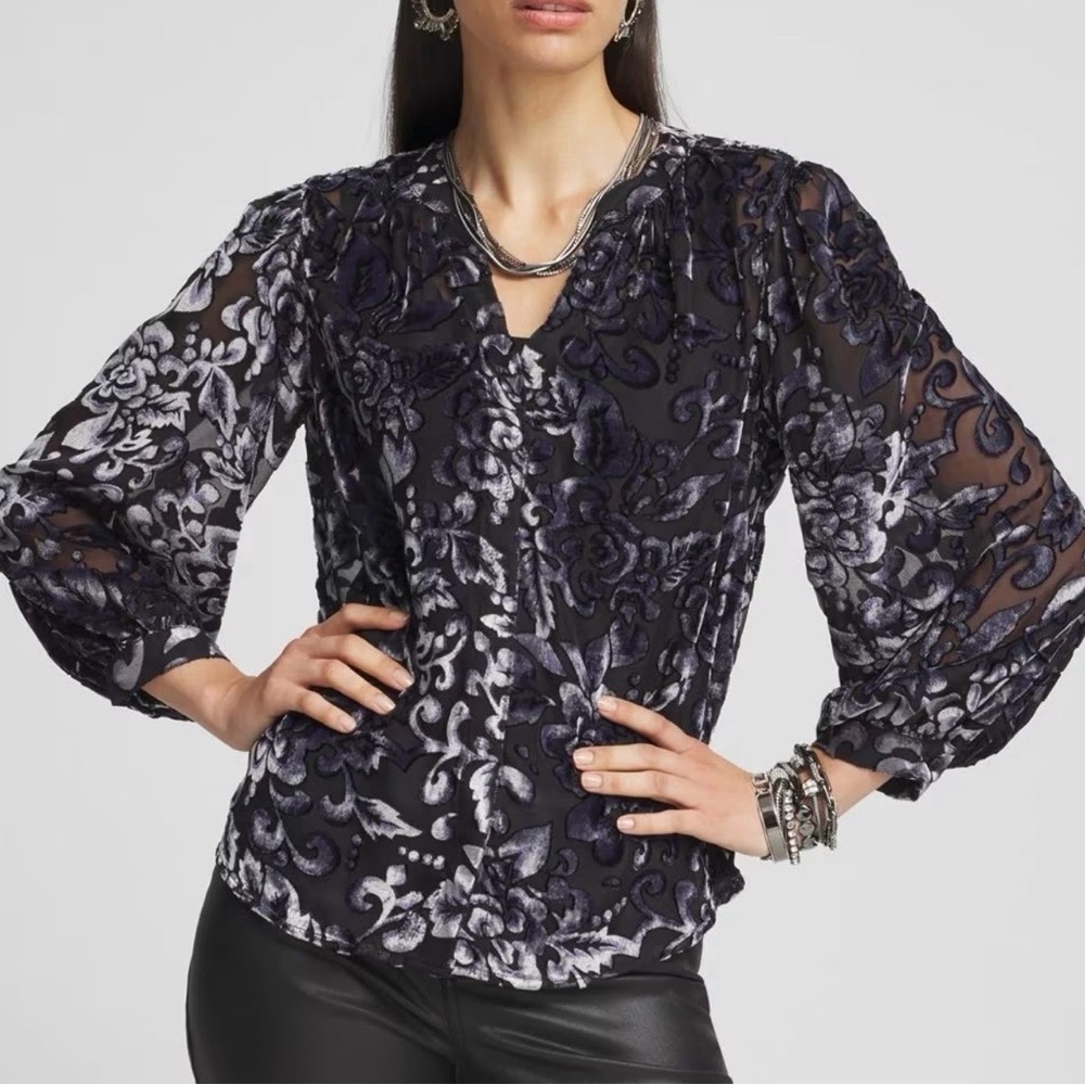 Chico's Black Floral Long Sleeve Burnout Button Up Blouse XXL velvet Goth Vamp